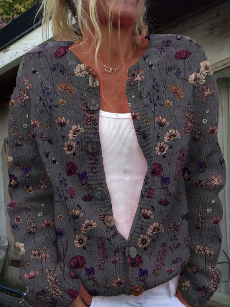 ROSE | FLORAL ART PRINT BUTTONED CARDIGAN SWEATER