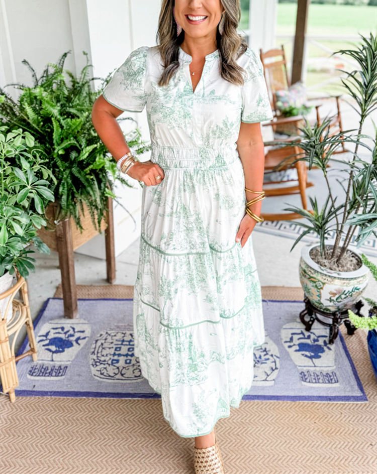 ELIZA – CLASSIC TOILE MAXI DRESS WITH TUMMY COVERAGE