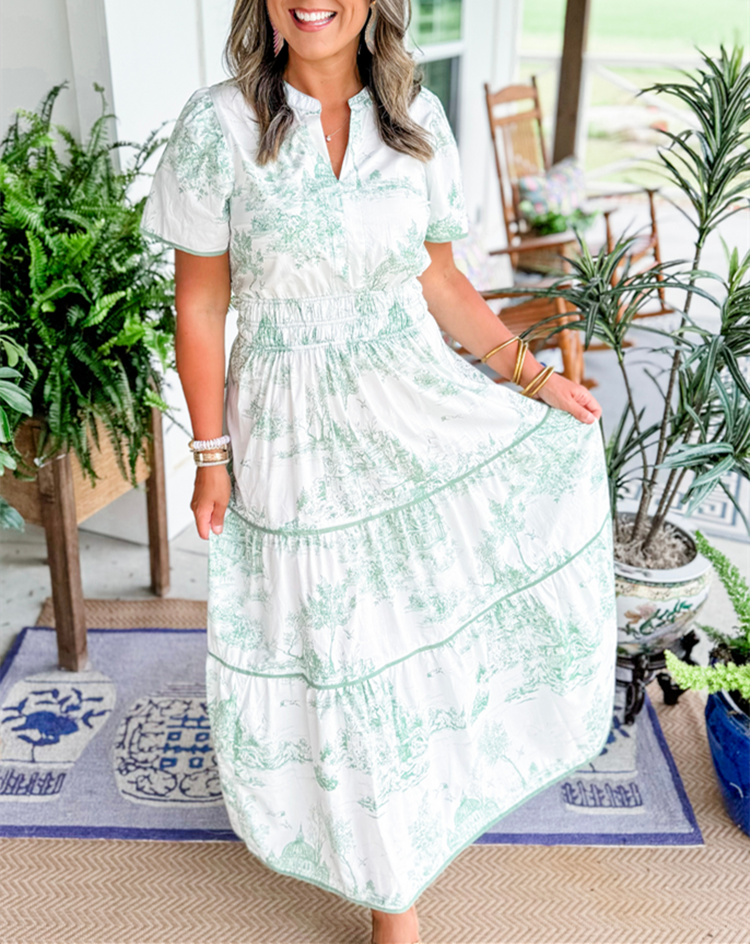 ELIZA – CLASSIC TOILE MAXI DRESS WITH TUMMY COVERAGE