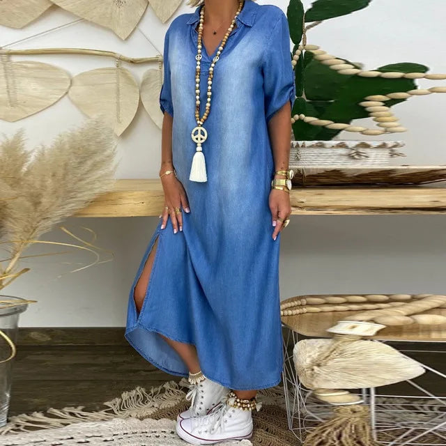 NORA – LONG DENIM-LOOK DRESS WITH TUMMY COVERAGE