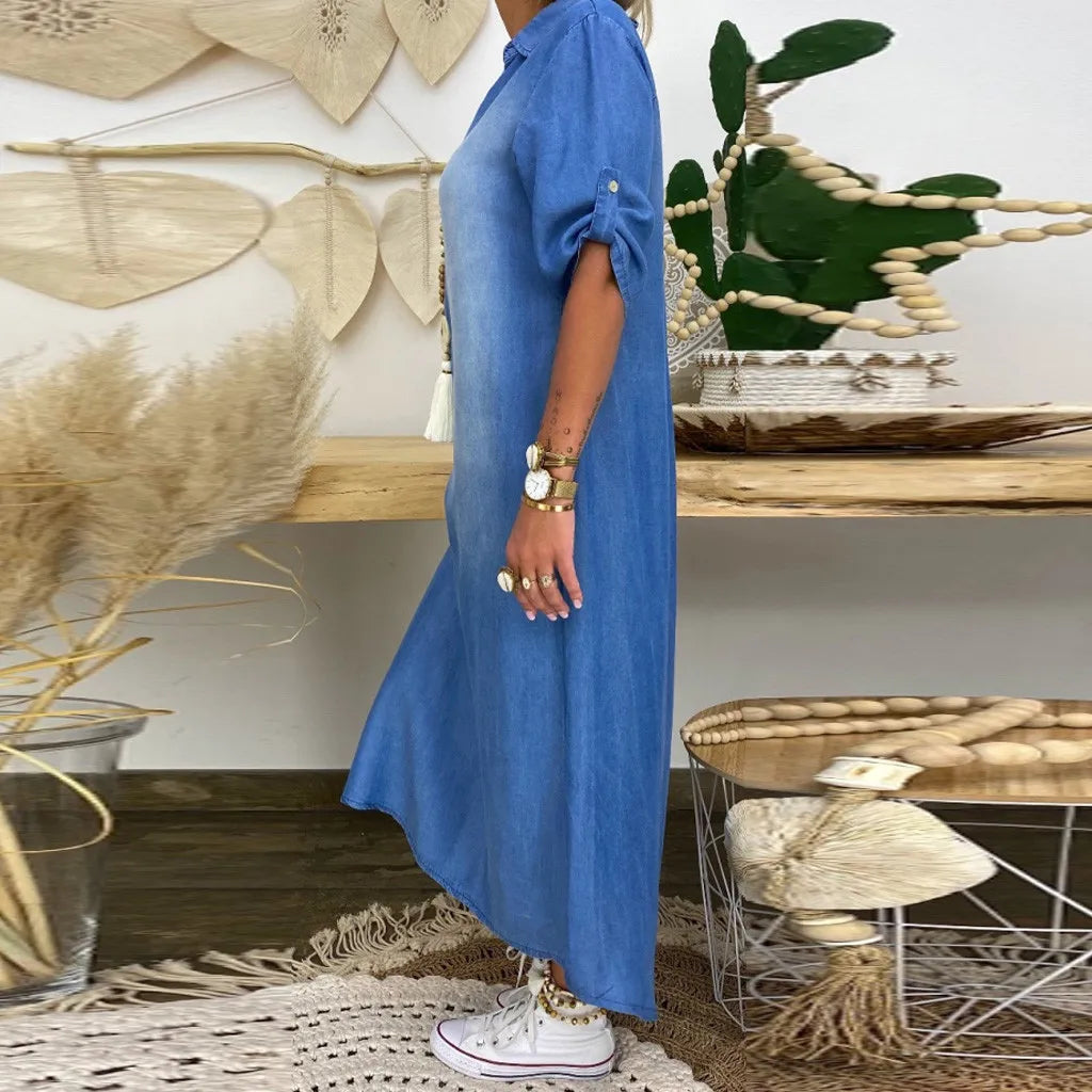 NORA – LONG DENIM-LOOK DRESS WITH TUMMY COVERAGE