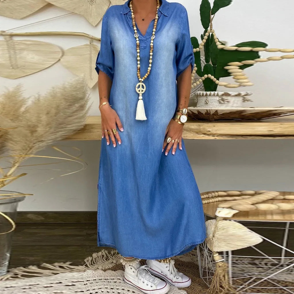 NORA – LONG DENIM-LOOK DRESS WITH TUMMY COVERAGE