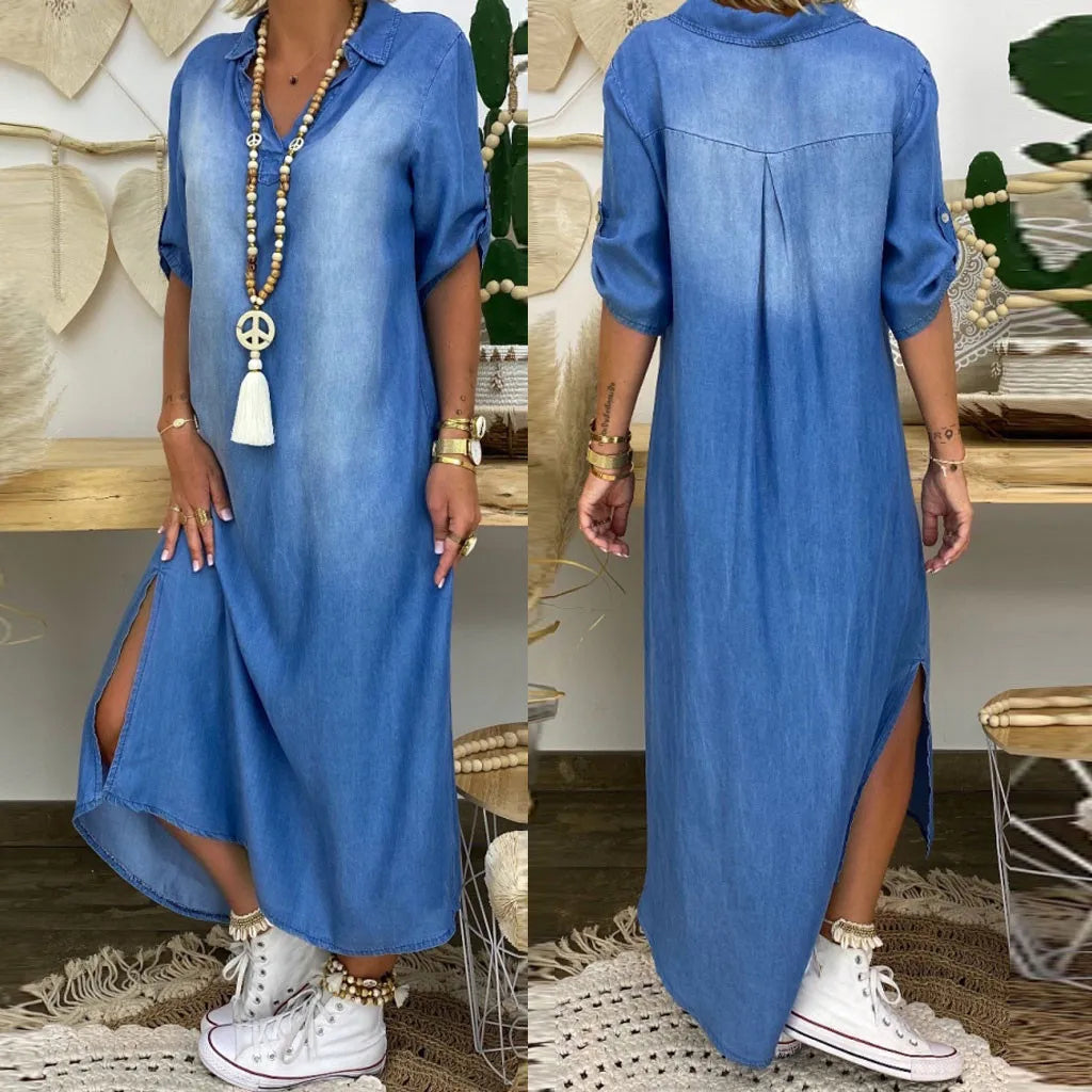 NORA – LONG DENIM-LOOK DRESS WITH TUMMY COVERAGE