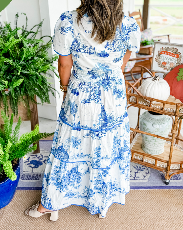 ELIZA – CLASSIC TOILE MAXI DRESS WITH TUMMY COVERAGE