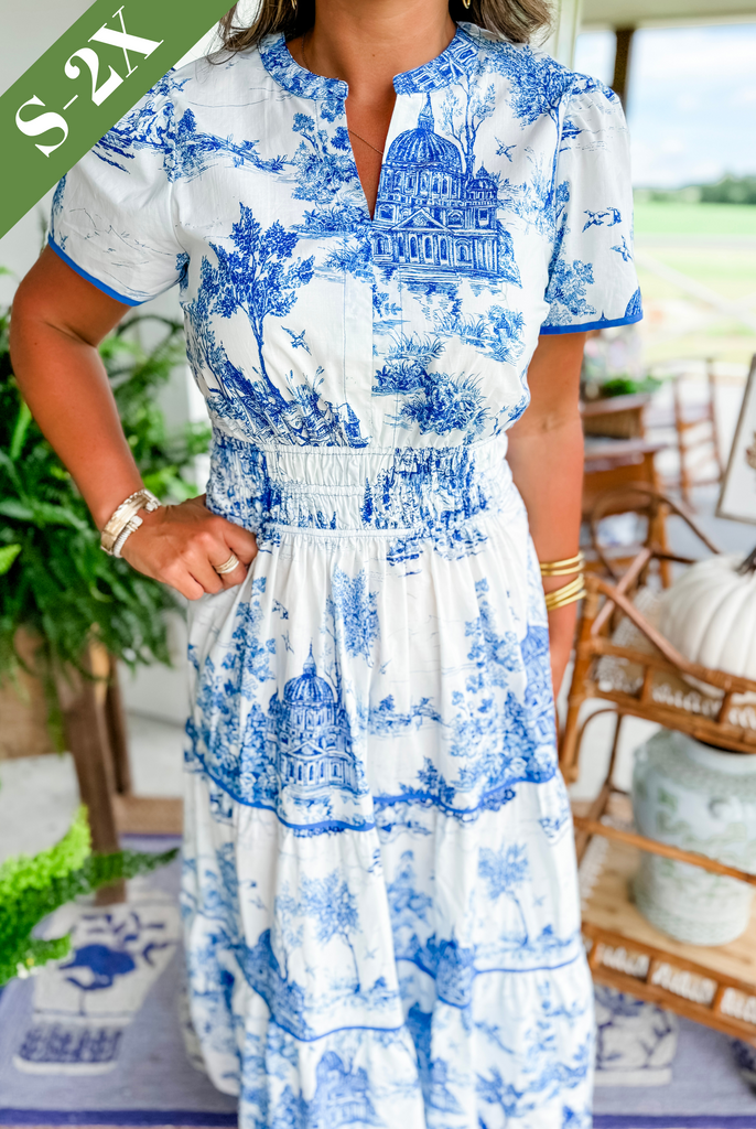 ELIZA – CLASSIC TOILE MAXI DRESS WITH TUMMY COVERAGE