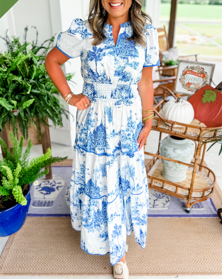 ELIZA – CLASSIC TOILE MAXI DRESS WITH TUMMY COVERAGE