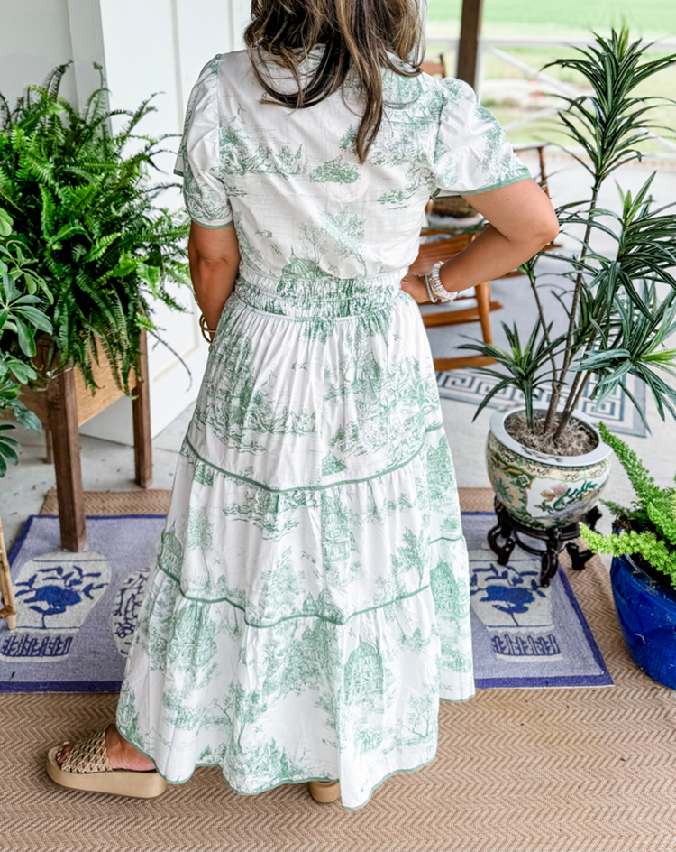 ELIZA – CLASSIC TOILE MAXI DRESS WITH TUMMY COVERAGE