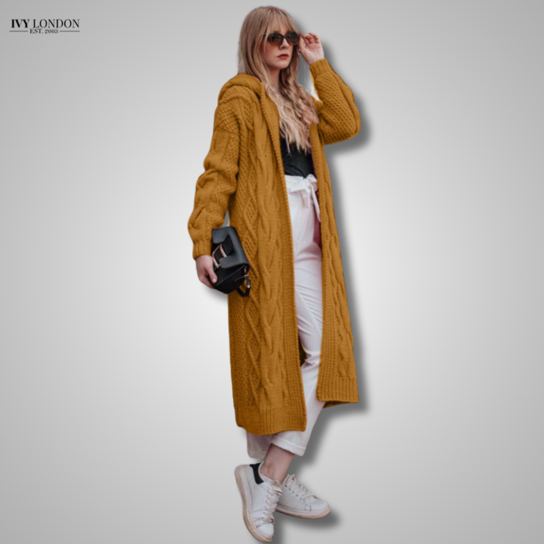 ATASHA | LUXE HOODED LONG LOOSE CABLE KNIT CARDIGAN WITH TUMMY COVERAGE