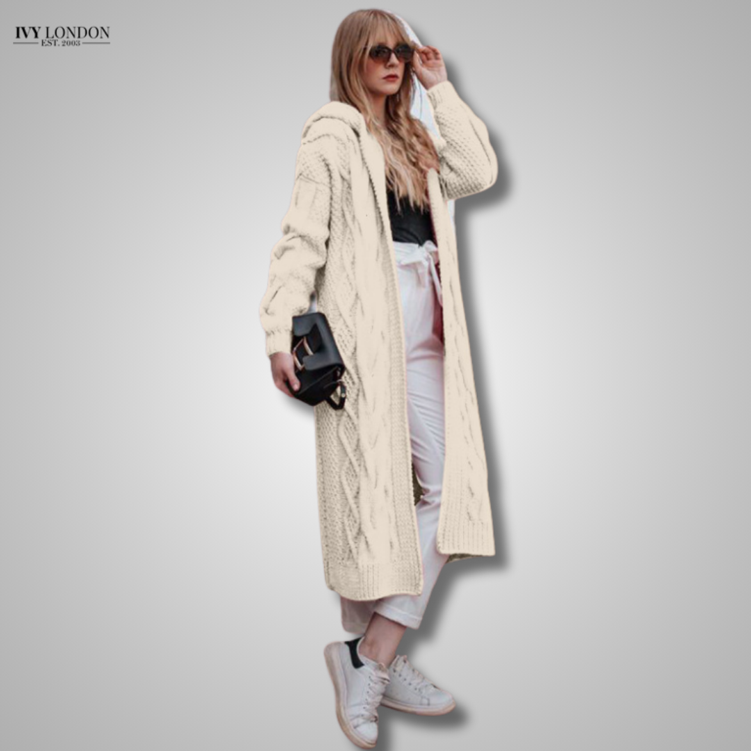 ATASHA | LUXE HOODED LONG LOOSE CABLE KNIT CARDIGAN WITH TUMMY COVERAGE