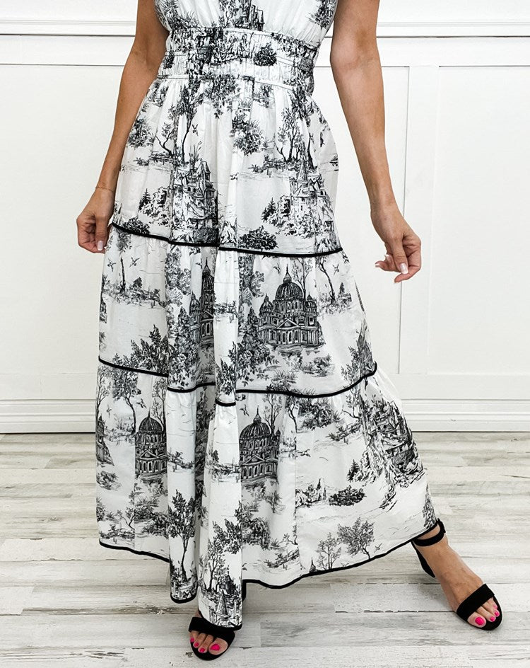 ELIZA – CLASSIC TOILE MAXI DRESS WITH TUMMY COVERAGE