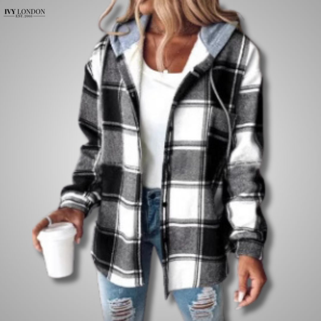 JACQUELINE | ELEGANT PLAID HOODED JACKET WITH TUMMY COVERAGE