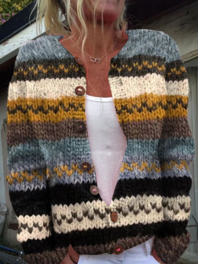 NADINE | CHIC STRIPE COLOR BLOCK BUTTONED CARDIGAN SWEATER