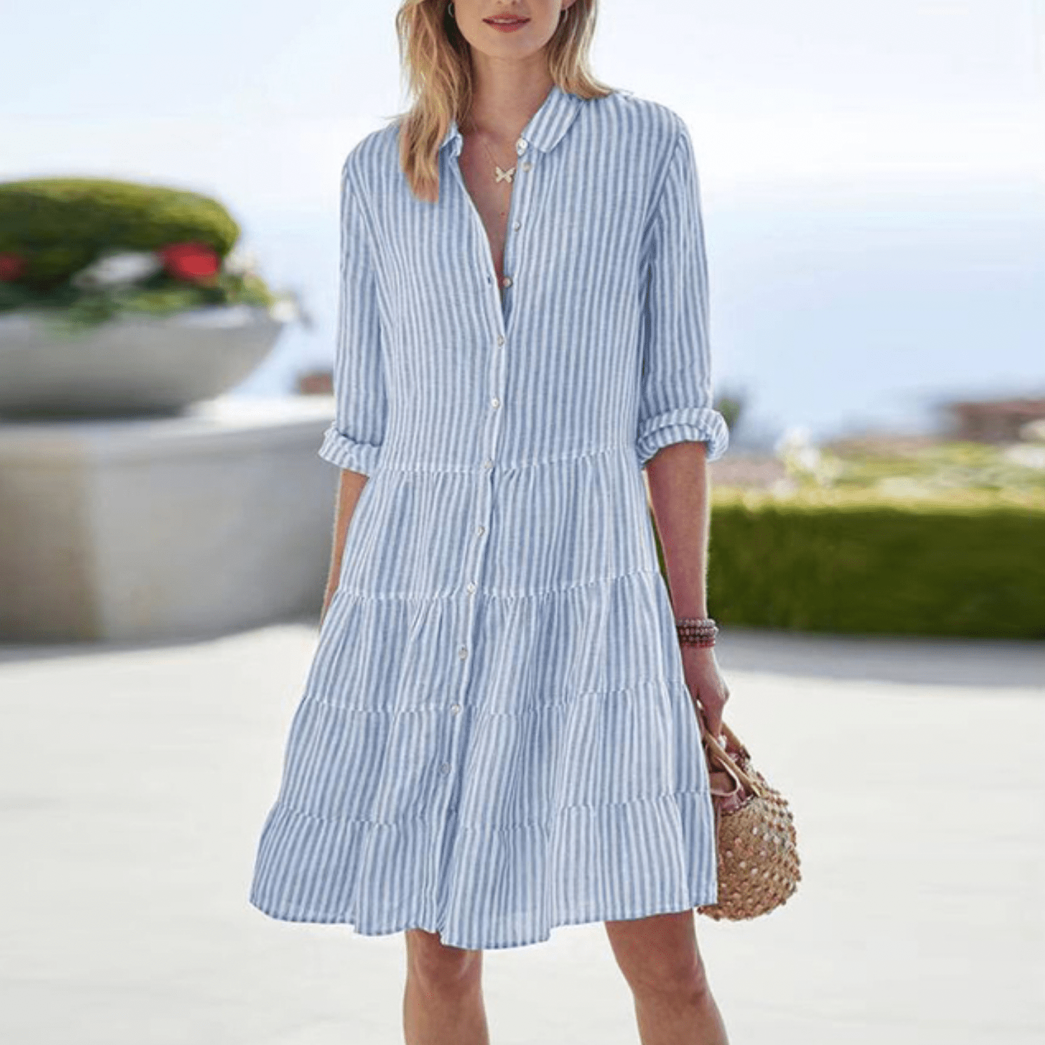 LOLA – ELEGANT A-LINE STRIPED DRESS WITH TUMMY COVERAGE