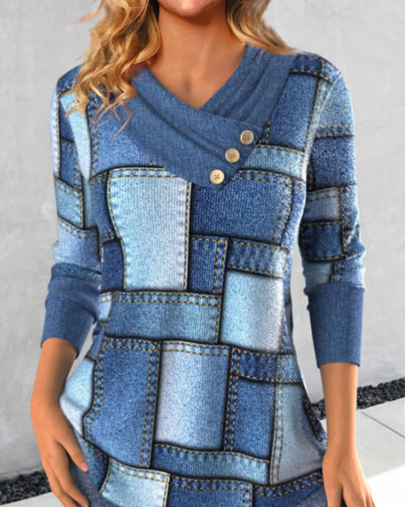 CHARLOTTE | CHIC SLANT COLLAR BLUE PLAID SWEATER BLOUSE
