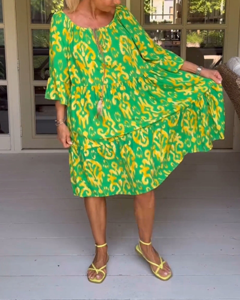 LIVIA – RELAXED-FIT MIDI DRESS WITH BELL SLEEVES & TUMMY COVERAGE
