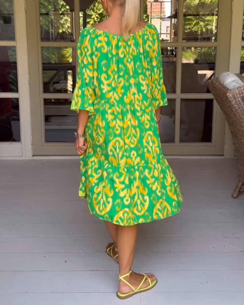 LIVIA – RELAXED-FIT MIDI DRESS WITH BELL SLEEVES & TUMMY COVERAGE