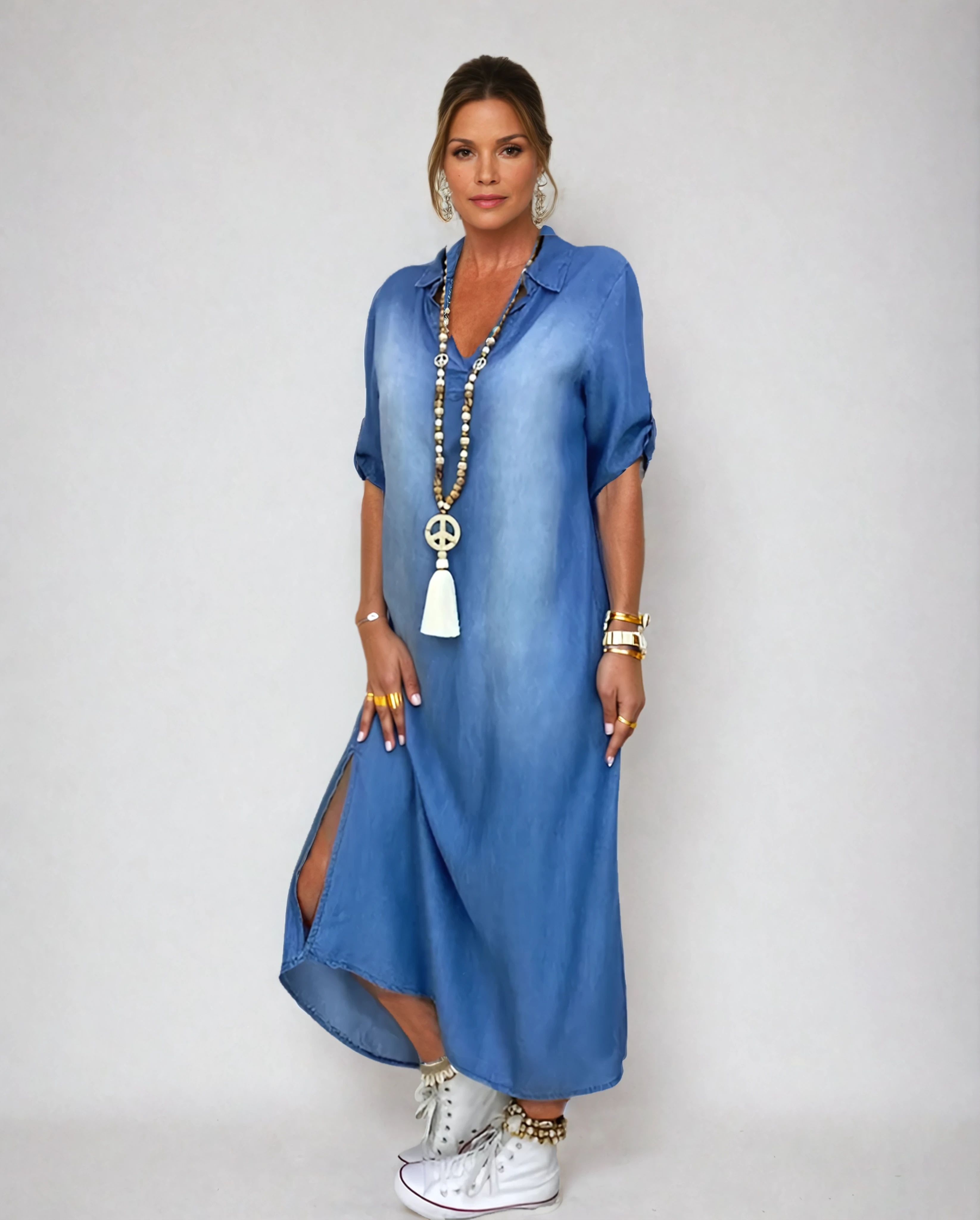 NORA – LONG DENIM-LOOK DRESS WITH TUMMY COVERAGE