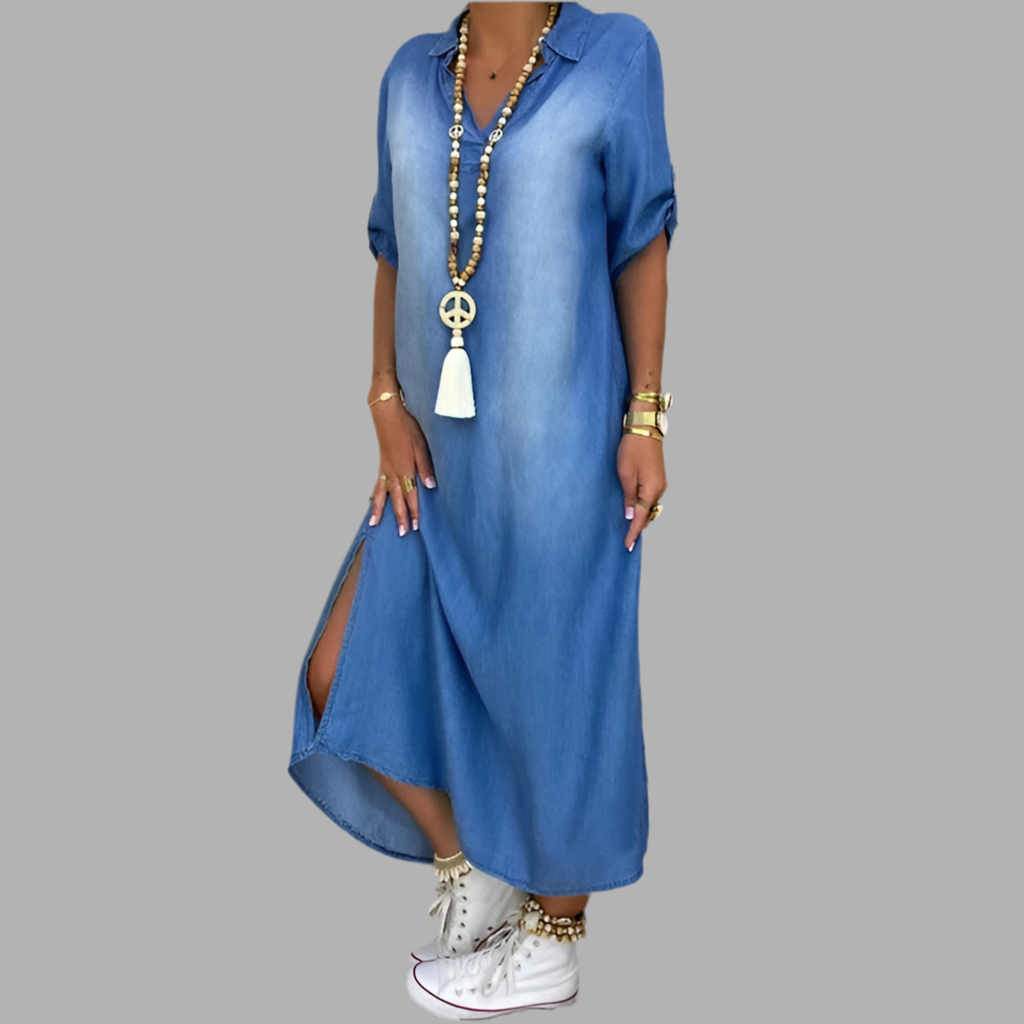 NORA – LONG DENIM-LOOK DRESS WITH TUMMY COVERAGE