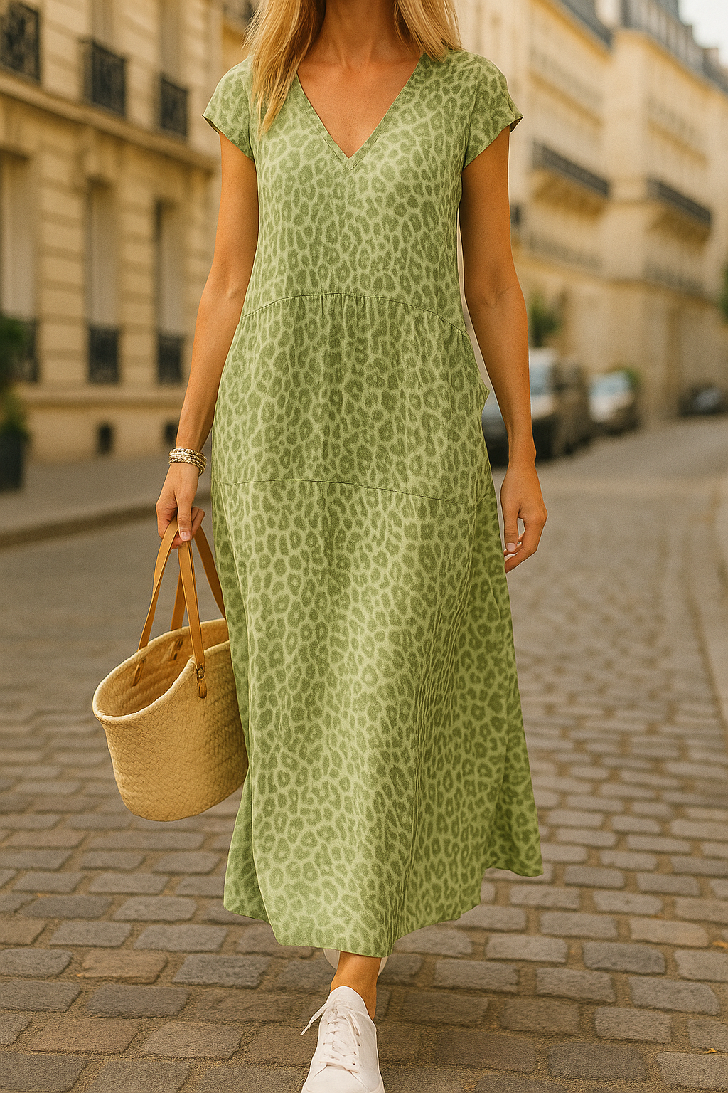 SAVINA – FLOWY V-NECK LEOPARD MAXI DRESS WITH TUMMY COVERAGE