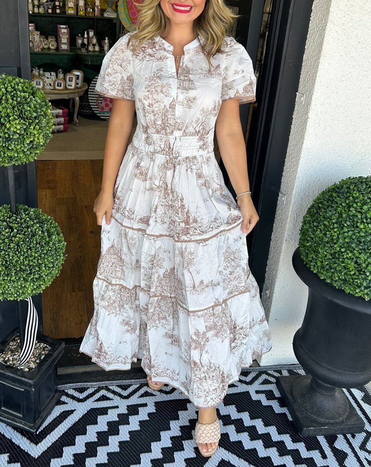 ELIZA – CLASSIC TOILE MAXI DRESS WITH TUMMY COVERAGE