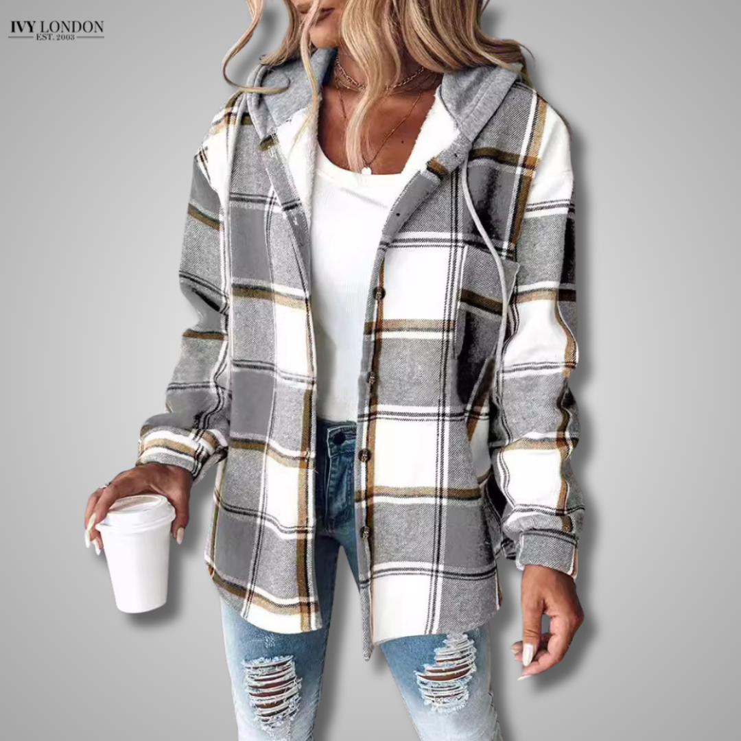 JACQUELINE | ELEGANT PLAID HOODED JACKET WITH TUMMY COVERAGE