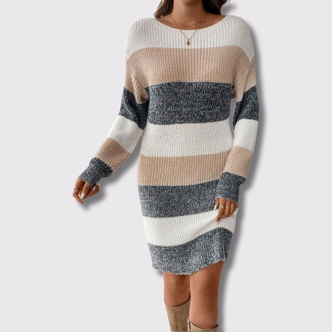 LIORA | ELEGANT STRIPED SWEATER DRESS WITH BUILT IN TUMMY COVERAGE