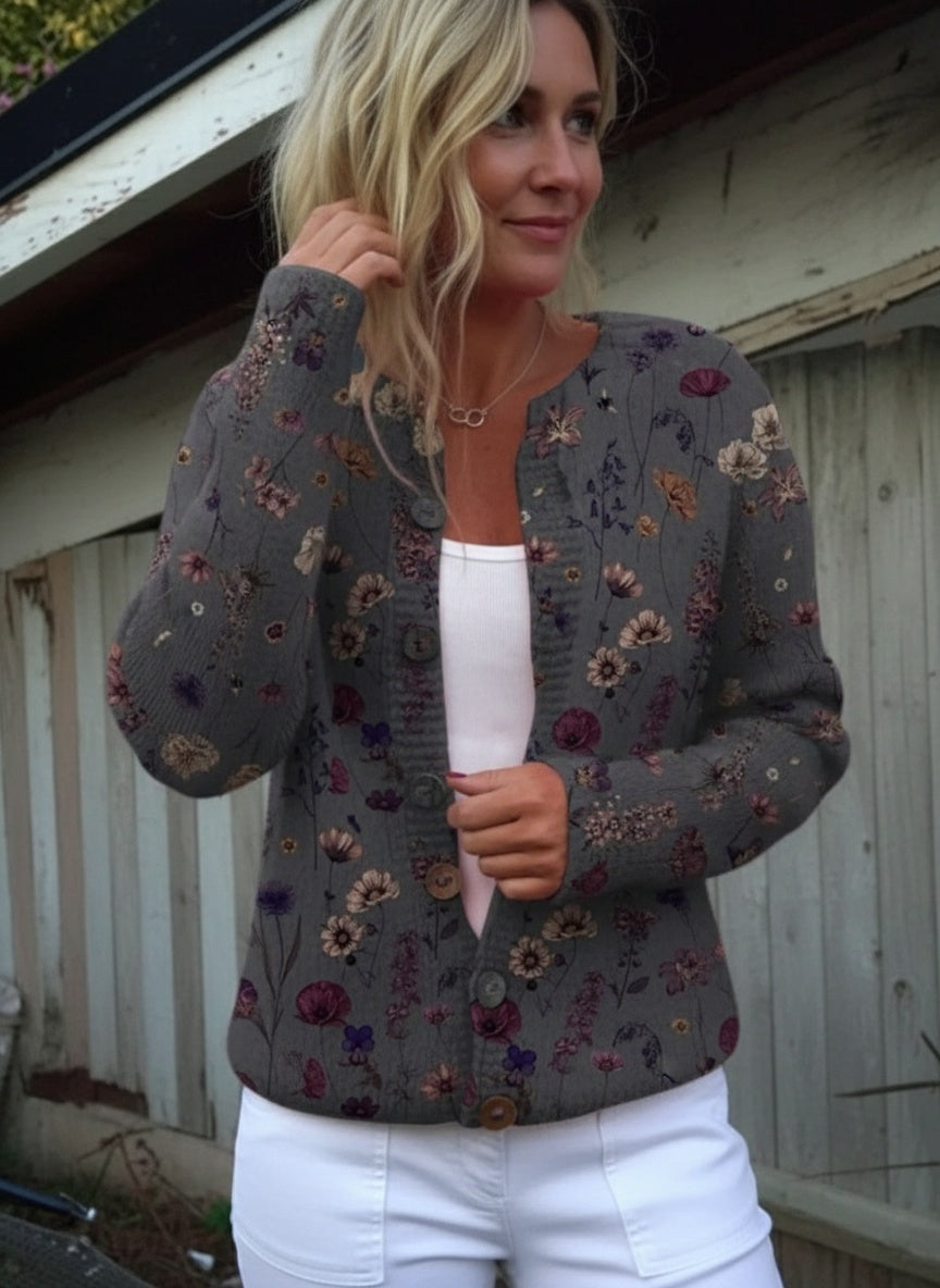 ROSE | FLORAL ART PRINT BUTTONED CARDIGAN SWEATER